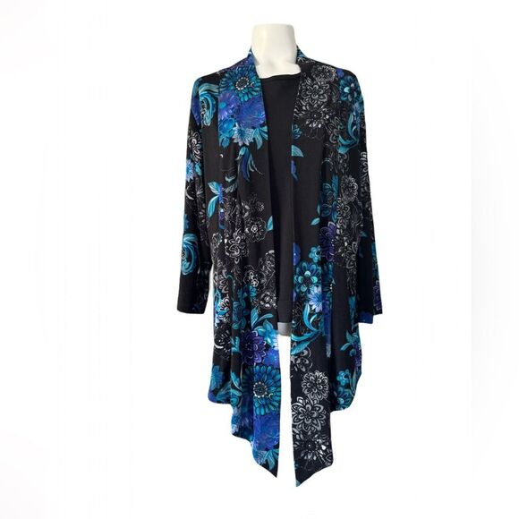Chico's Black and Blue Floral Jacket 2 12 L Large - Picture 1 of 8